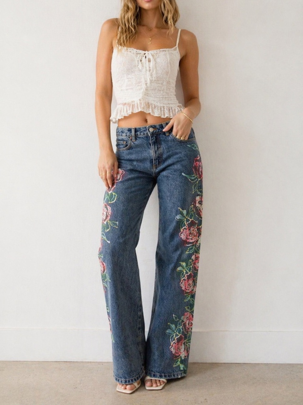 Forum Vintage Floral Painted Brazil Denim Jeans Rare Size 38